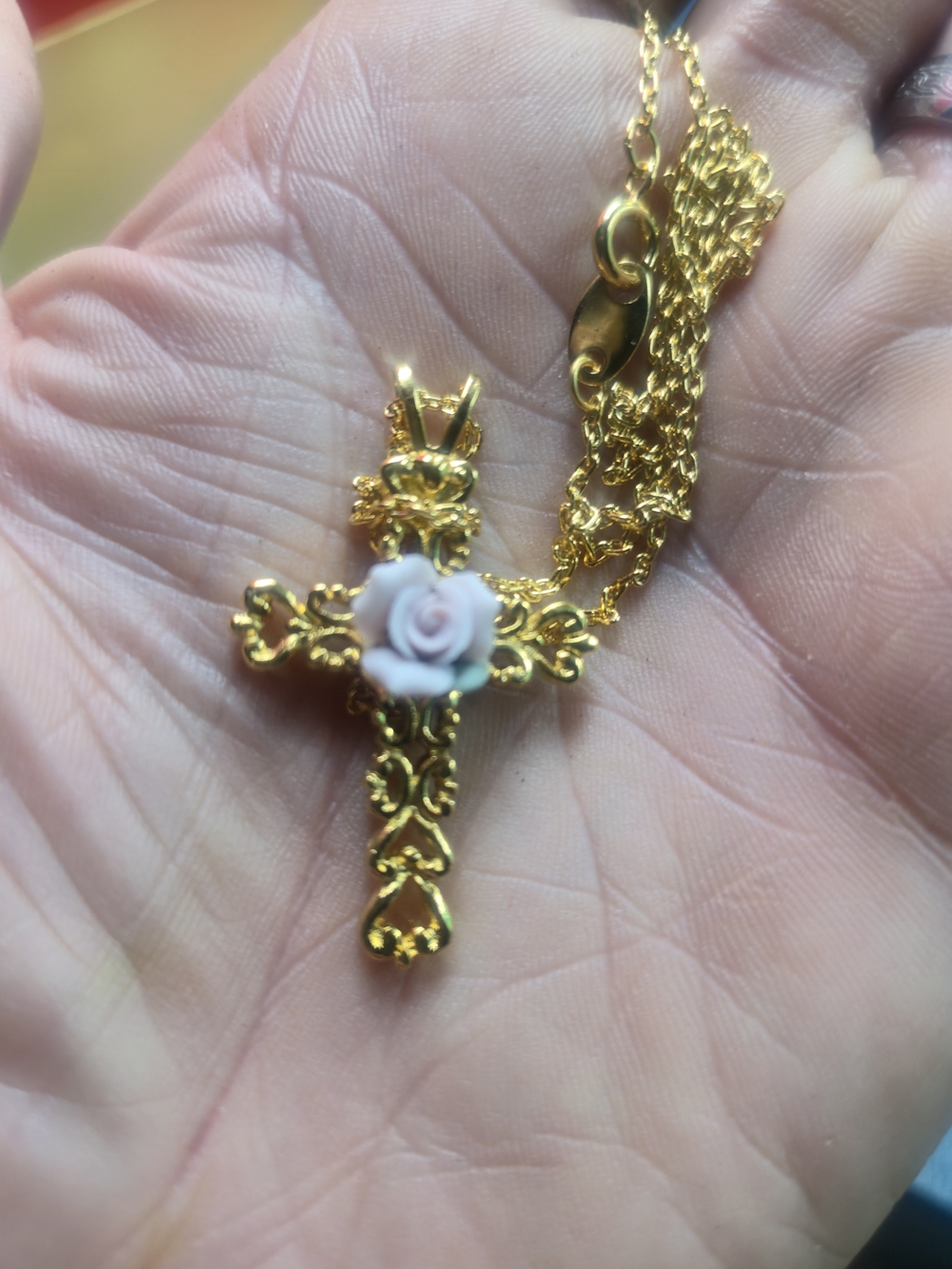 Avon Gold Floral Cross Necklace with Pink Rose Accent